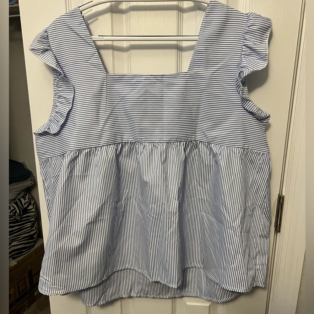 Women’s Square Neck, Ruffle Sleeves Navy pinstripe Blouse